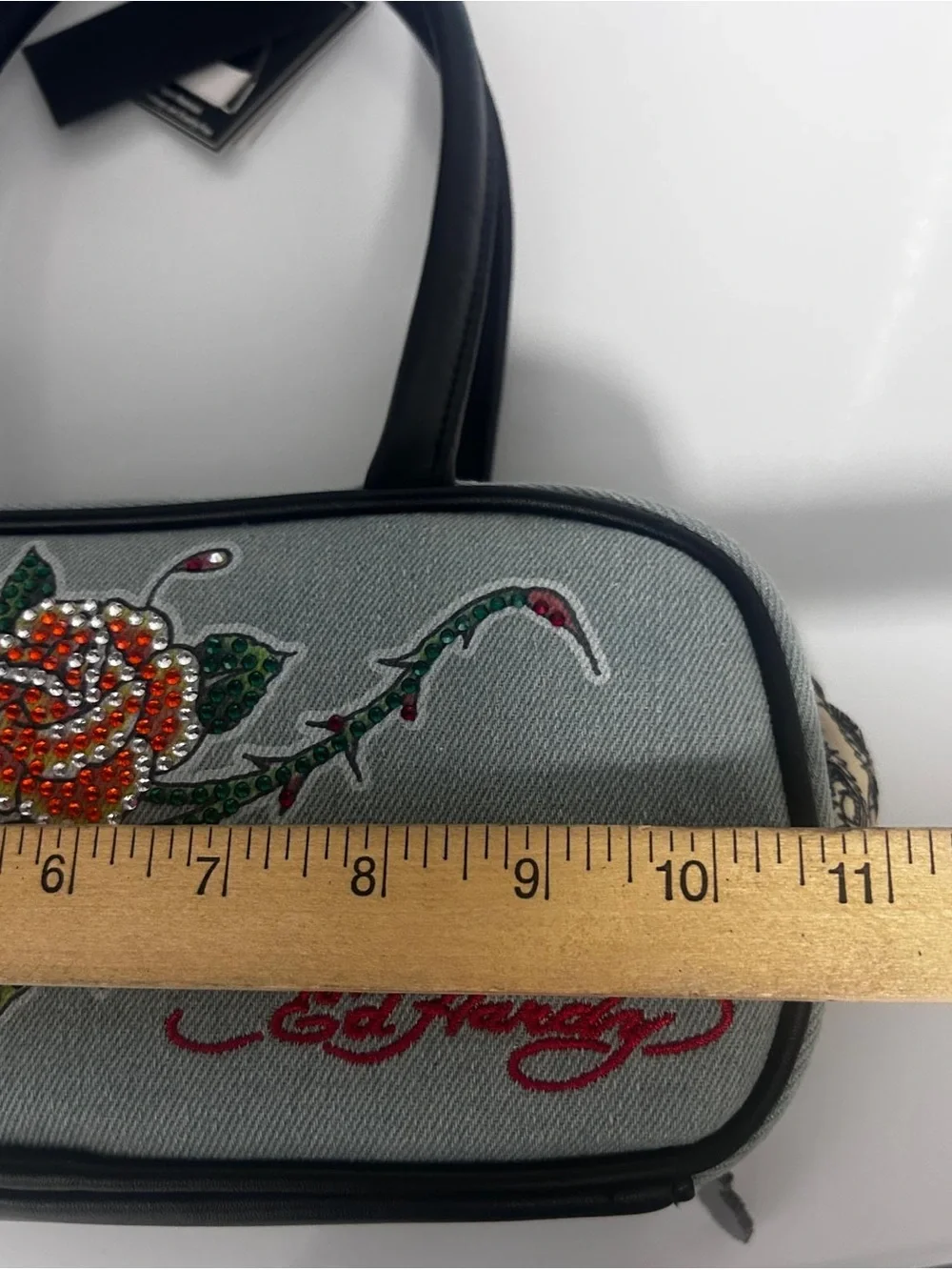 Ed Hardy Denim Blue Floral Rhinestone Embroidered Satchel Zip Pockets Charm